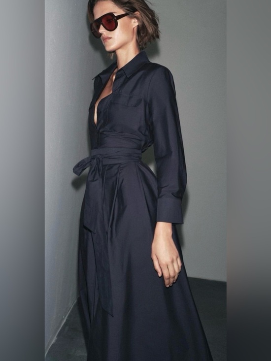 Zara Dresses & Skirts - Zara Cotton Poplin Navy Shirt Dress Long Sleeves Turn-Down Collar Pockets Small